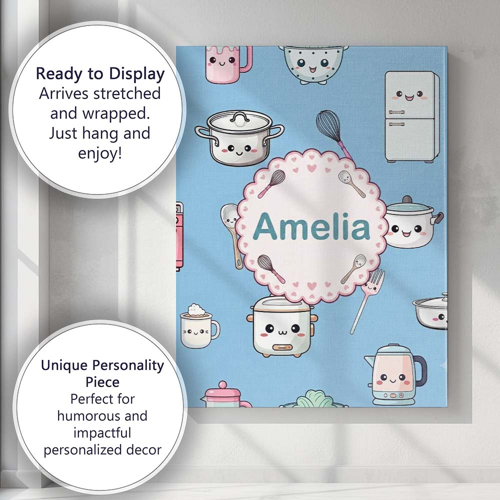 Personalised Name Cute Kawaii Chef Girl Custom Modern Room Accent Elegant Feature Canvas Wall Art Print Decor Picture Ready to Hang
