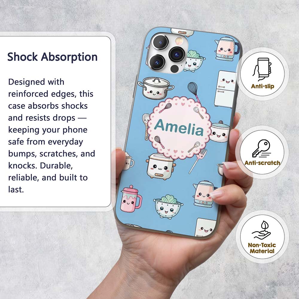 Cute Kawaii Chef Girl Blue Utensils Seamless Custom Name Protective Phone Case Mobile Cover Durable Everyday Smartphone Shock Resistant