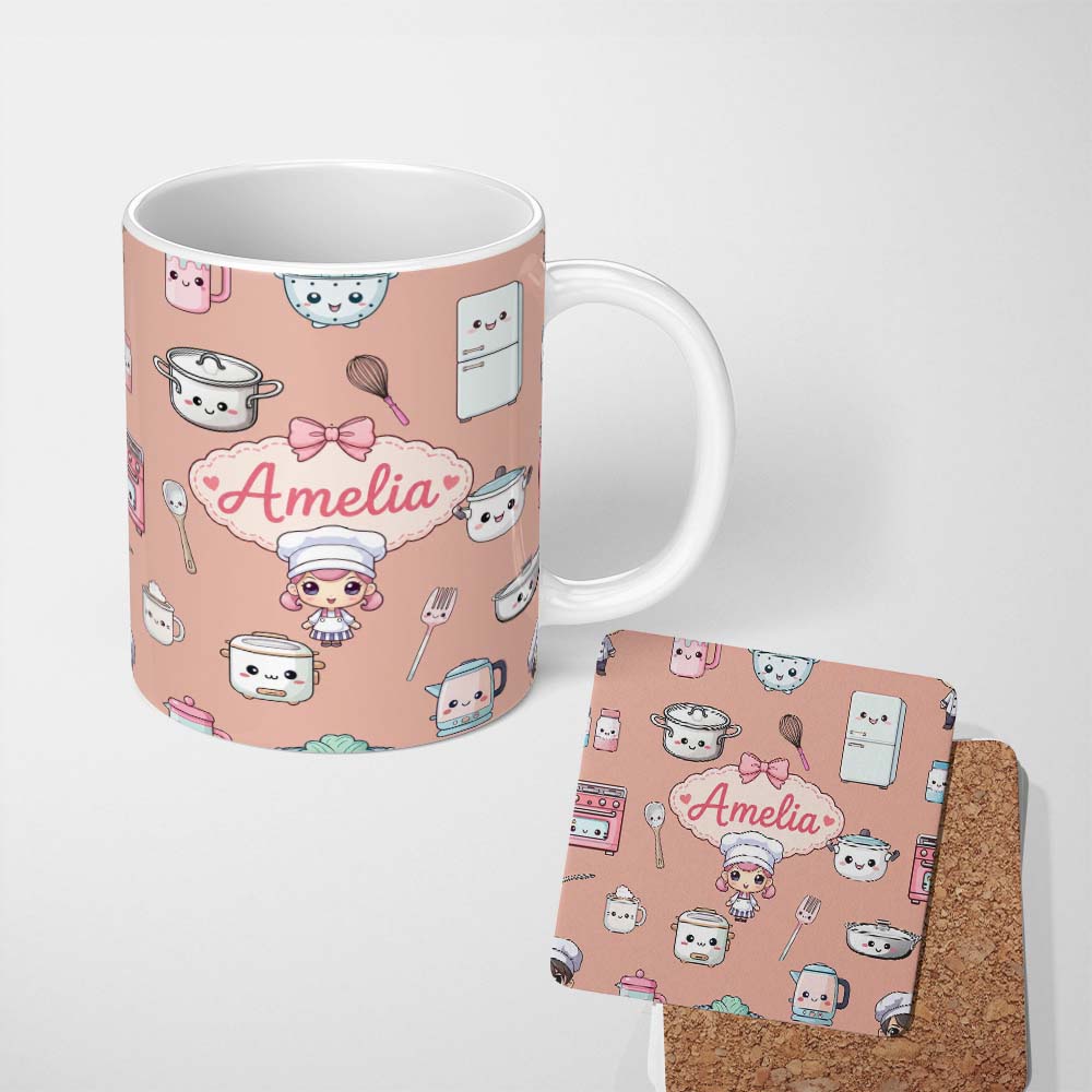 Personalized Custom Name Cute Kawaii Chef Girl Peach Kitchen Utensils Seamless Pattern Name 11oz Ceramic Coffee Tea Mug White Large Handle