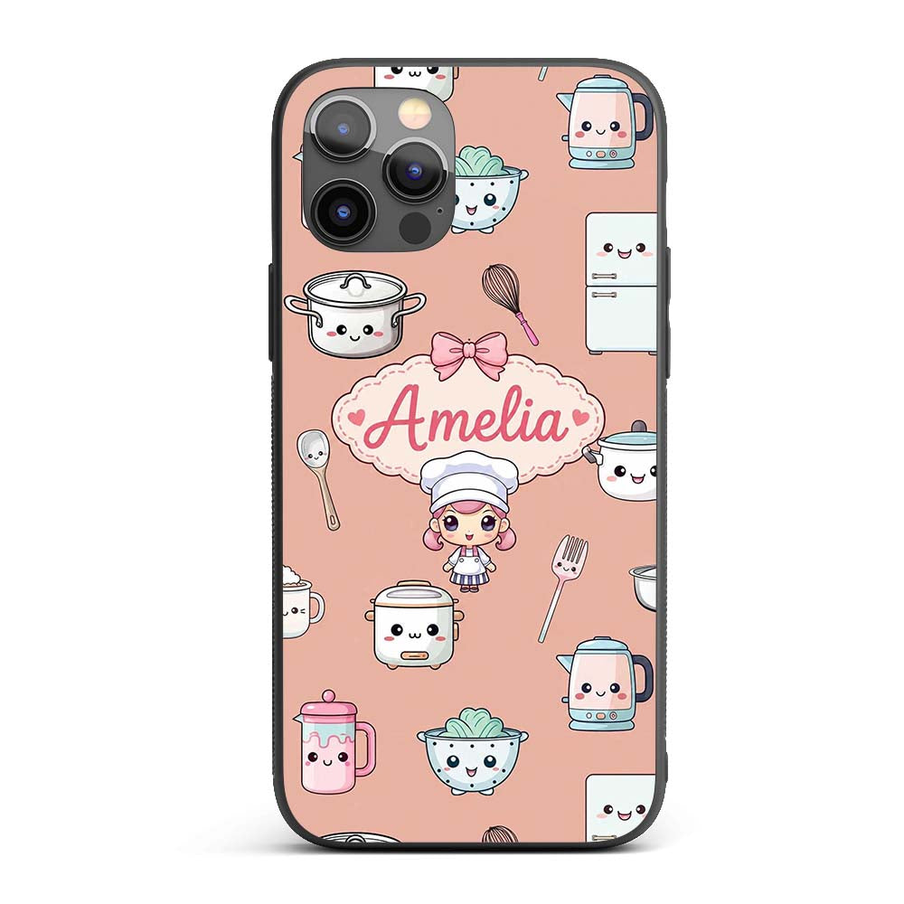 Cute Kawaii Chef Girl Peach Utensils Seamless Custom Name Protective Phone Case Mobile Cover Durable Everyday Smartphone Shock Resistant