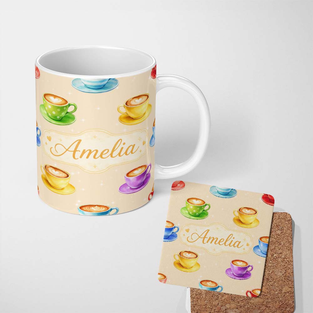 Personalized Custom Name Colorful Coffee Latte Cappuccino Cup Seamless Pattern Lovely 11oz Ceramic Coffee Tea Mug White Large Handle