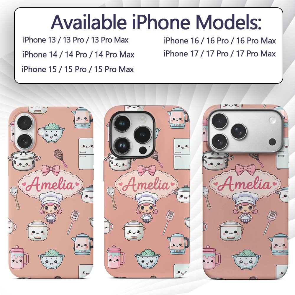 Cute Kawaii Chef Girl Peach Utensils Seamless Custom Name Protective Phone Case Mobile Cover Durable Everyday Smartphone Shock Resistant