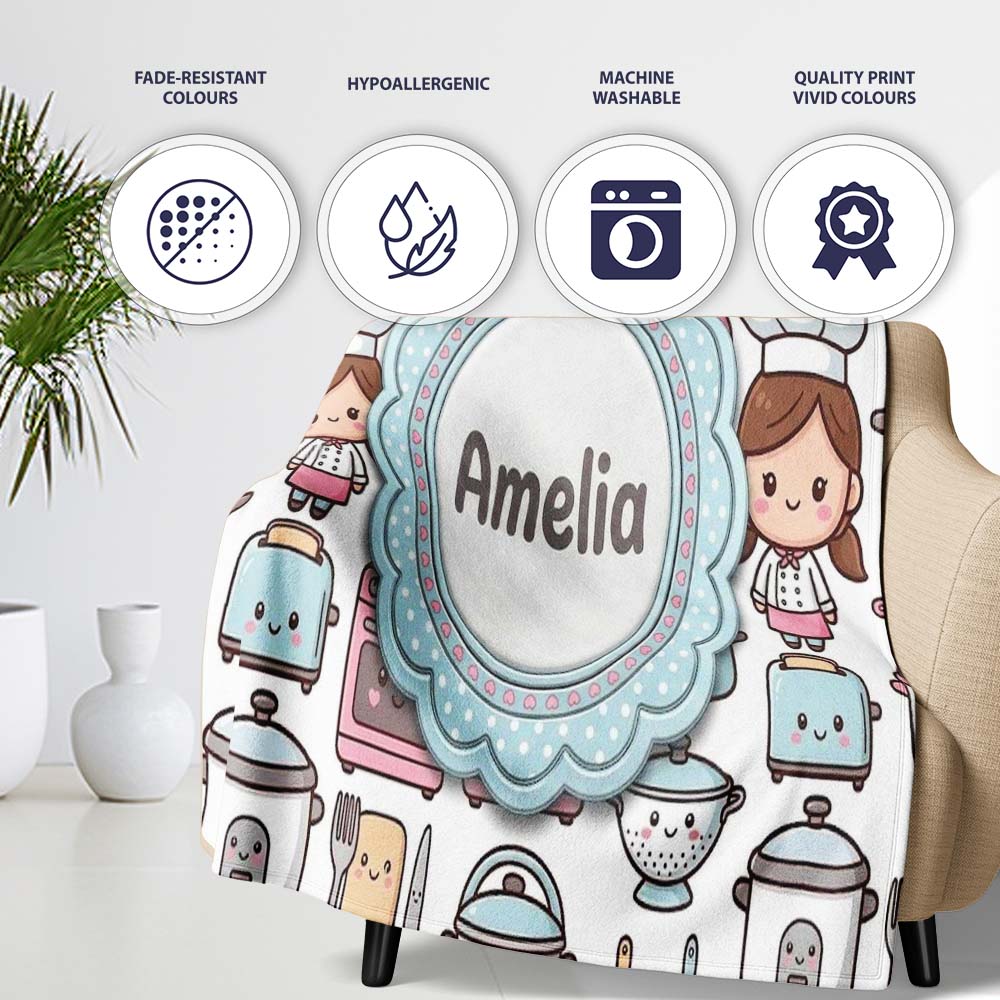 Cute Kawaii Chef Girl Beige Utensils Seamless Pattern Name Personalised Custom Name Super Soft Fleece Blanket Bed Sofa Throw