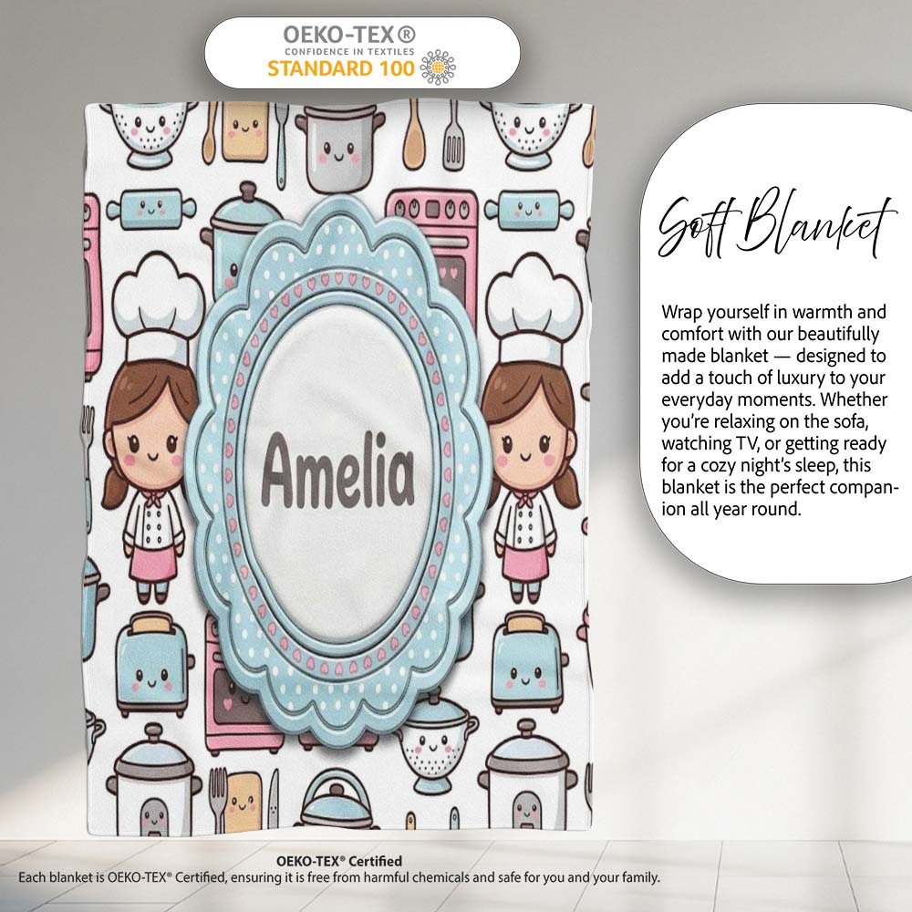 Cute Kawaii Chef Girl Beige Utensils Seamless Pattern Name Personalised Custom Name Super Soft Fleece Blanket Bed Sofa Throw