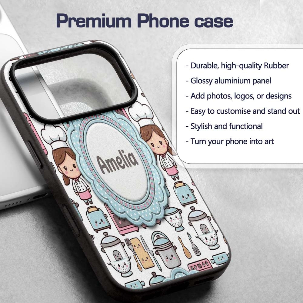 Cute Kawaii Chef Girl Beige Utensils Seamless Custom Name Protective Phone Case Mobile Cover Durable Everyday Smartphone Shock Resistant