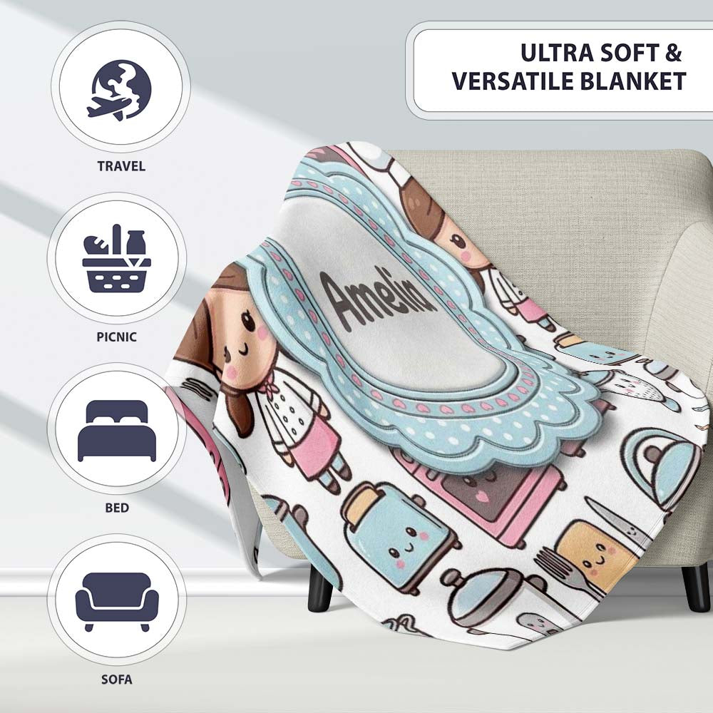 Cute Kawaii Chef Girl Beige Utensils Seamless Pattern Name Personalised Custom Name Super Soft Fleece Blanket Bed Sofa Throw