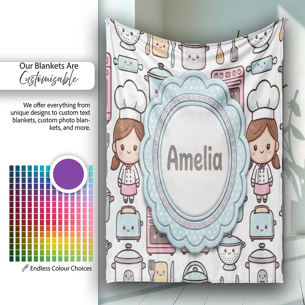 Cute Kawaii Chef Girl Beige Utensils Seamless Pattern Name Personalised Custom Name Super Soft Fleece Blanket Bed Sofa Throw