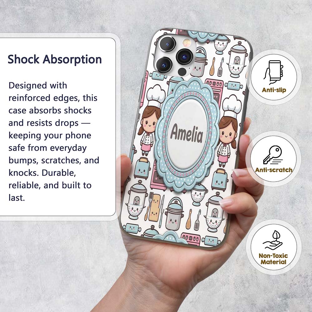 Cute Kawaii Chef Girl Beige Utensils Seamless Custom Name Protective Phone Case Mobile Cover Durable Everyday Smartphone Shock Resistant