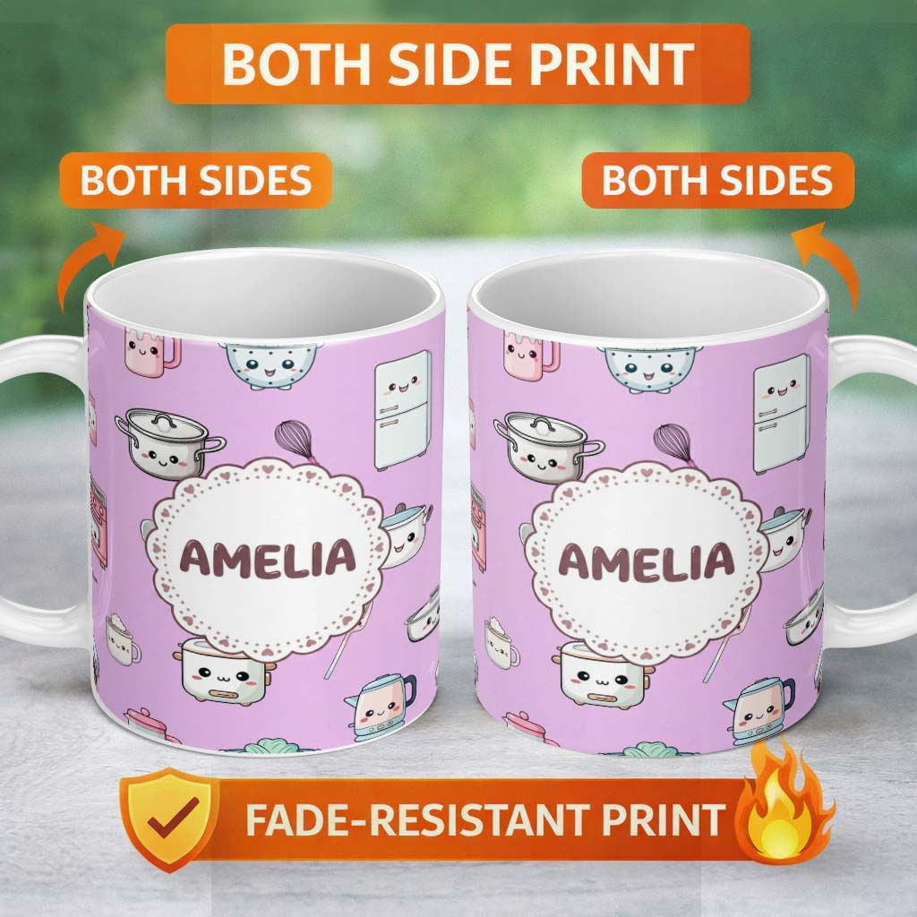 Personalized Custom Name Cute Kawaii Chef Girl Purple Kitchen Utensils Seamless Pattern 11oz Ceramic Coffee Tea Mug White Large Handle