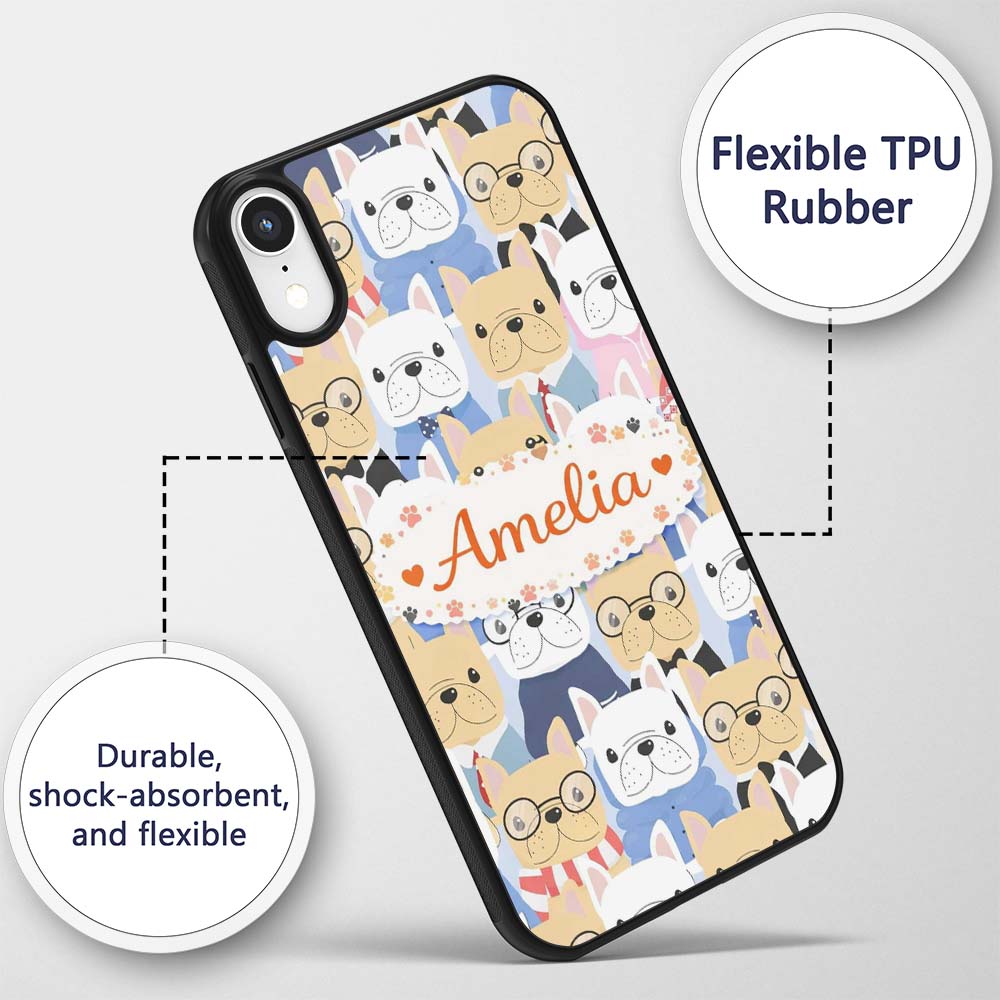 Stylish French Bulldog Dogs Decorative Design Custom Name Protective Phone Case Mobile Cover Durable Everyday Smartphone Shock Resistant