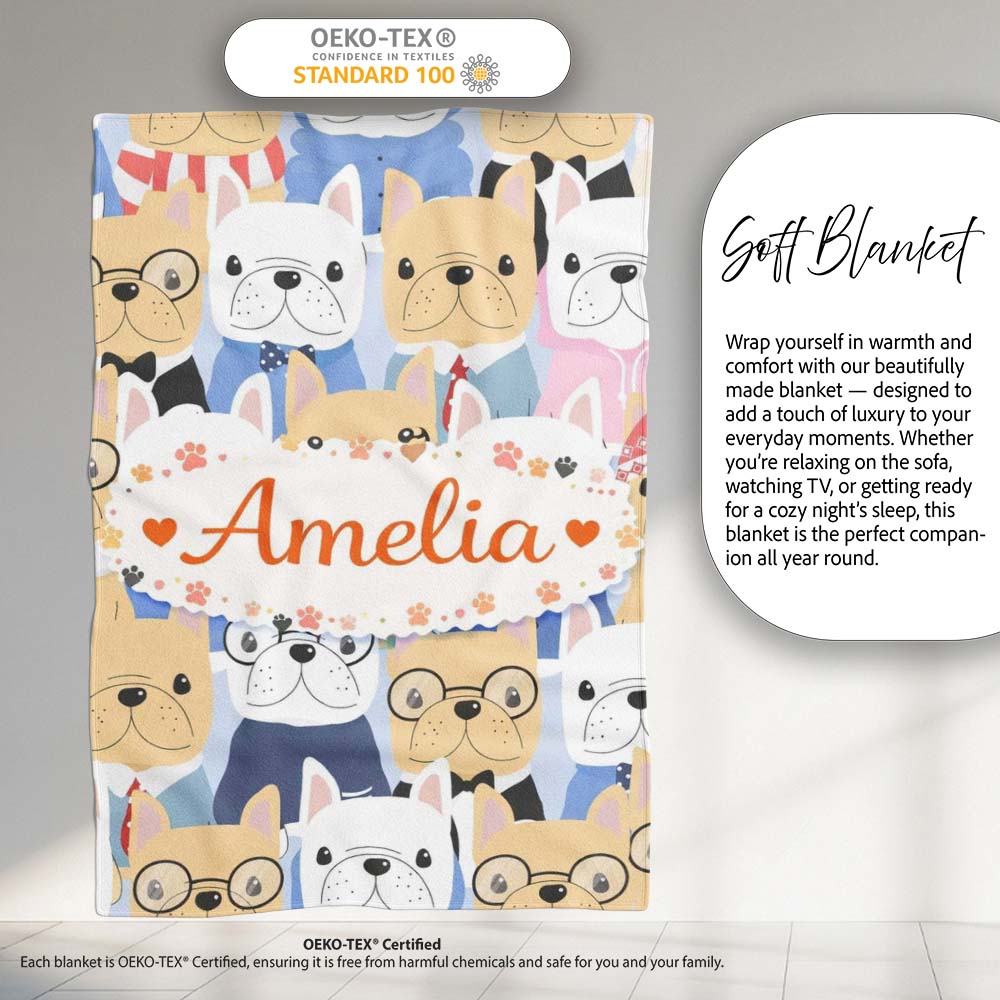 Stylish French Bulldog Dogs Fashion Outfit Seamless Pattern Lovely Personalised Custom Name Super Soft Fleece Blanket Bed Sofa Throw