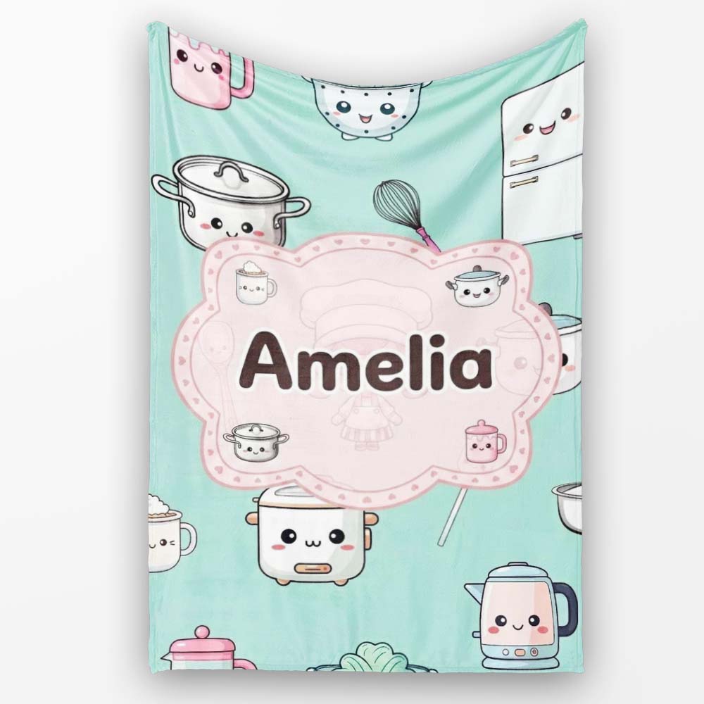 Cute Kawaii Chef Girl Mint Utensils Seamless Pattern Name Personalised Custom Name Super Soft Fleece Blanket Bed Sofa Throw