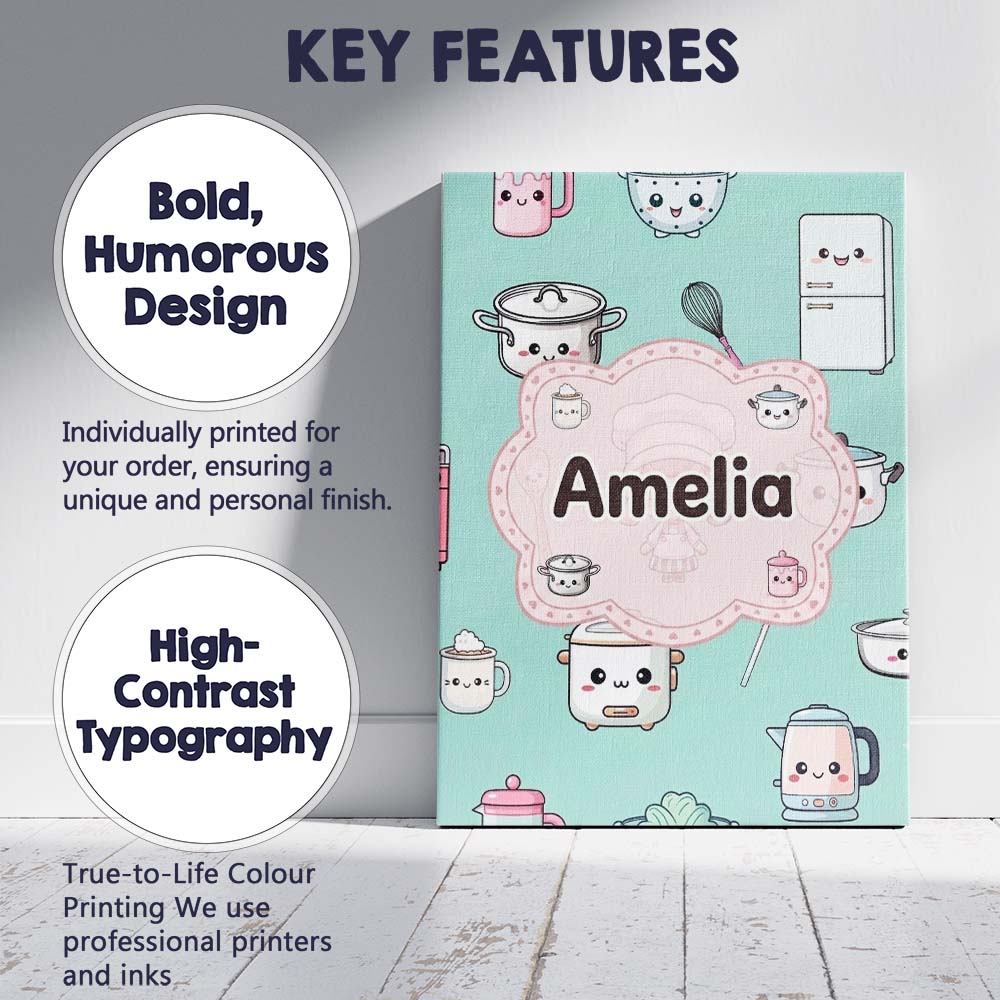 Personalised Name Cute Kawaii Chef Girl Custom Modern Room Accent Elegant Feature Canvas Wall Art Print Decor Picture Ready to Hang