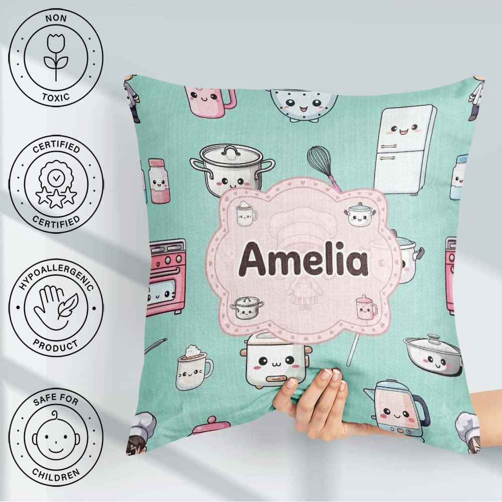 Custom Name Kawaii Chef Girl Mint Utensils Seamless Pattern Name Square Filled Cushion Throw Pillow Sofa Bed Home Decor Zip Washable UK Made