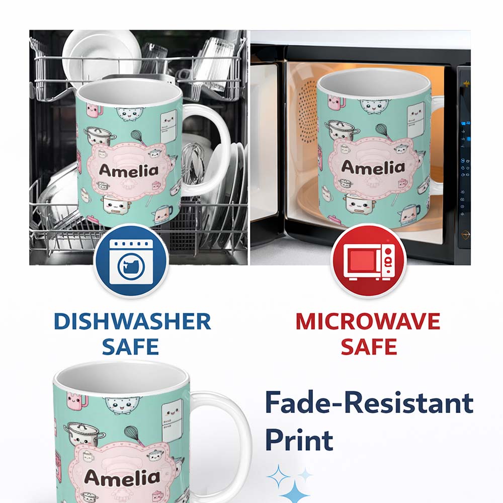 Personalized Custom Name Cute Kawaii Chef Girl Mint Kitchen Utensils Seamless Pattern Name 11oz Ceramic Coffee Tea Mug White Large Handle