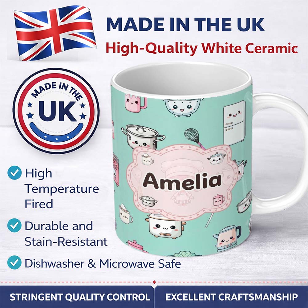 Personalized Custom Name Cute Kawaii Chef Girl Mint Kitchen Utensils Seamless Pattern Name 11oz Ceramic Coffee Tea Mug White Large Handle