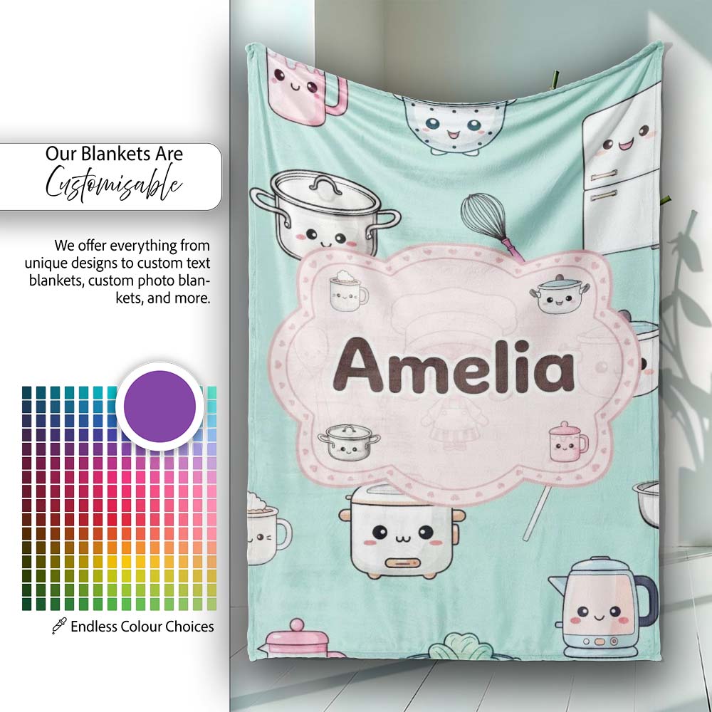 Cute Kawaii Chef Girl Mint Utensils Seamless Pattern Name Personalised Custom Name Super Soft Fleece Blanket Bed Sofa Throw