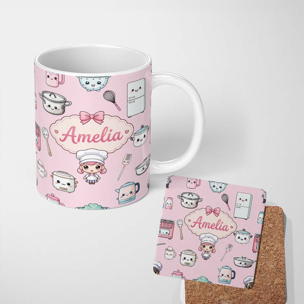 Personalized Custom Name Cute Kawaii Chef Girl Pink Kitchen Utensils Seamless Pattern Name 11oz Ceramic Coffee Tea Mug White Large Handle