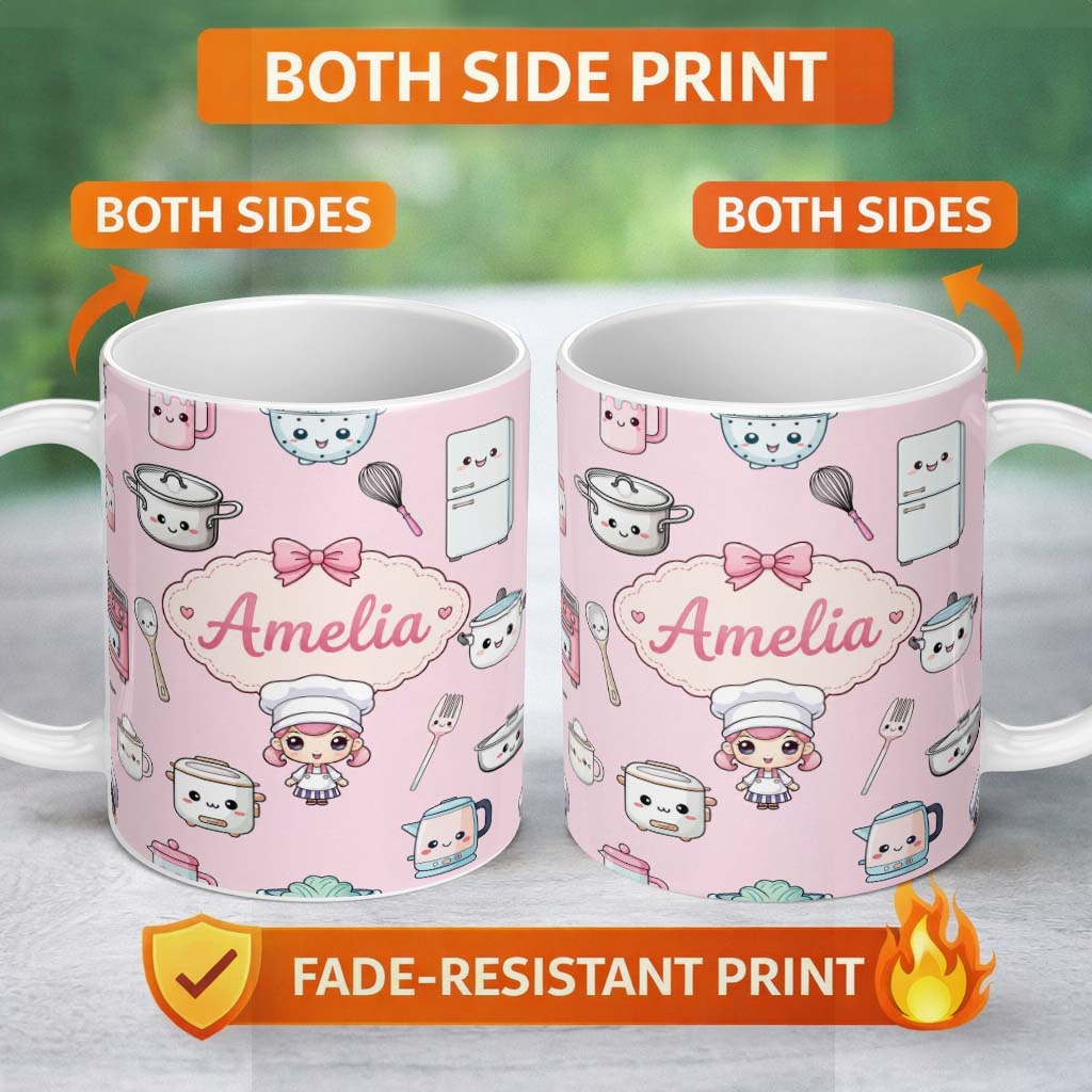 Personalized Custom Name Cute Kawaii Chef Girl Pink Kitchen Utensils Seamless Pattern Name 11oz Ceramic Coffee Tea Mug White Large Handle
