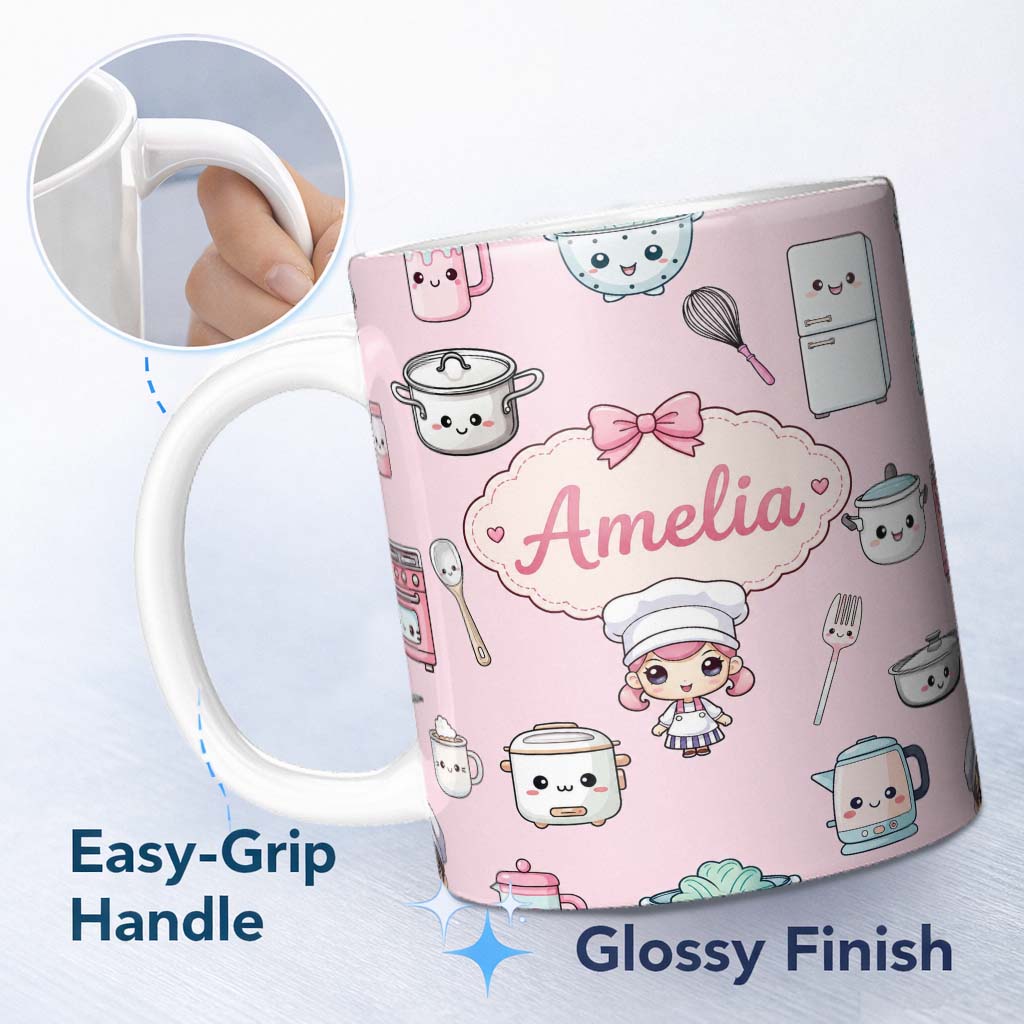 Personalized Custom Name Cute Kawaii Chef Girl Pink Kitchen Utensils Seamless Pattern Name 11oz Ceramic Coffee Tea Mug White Large Handle