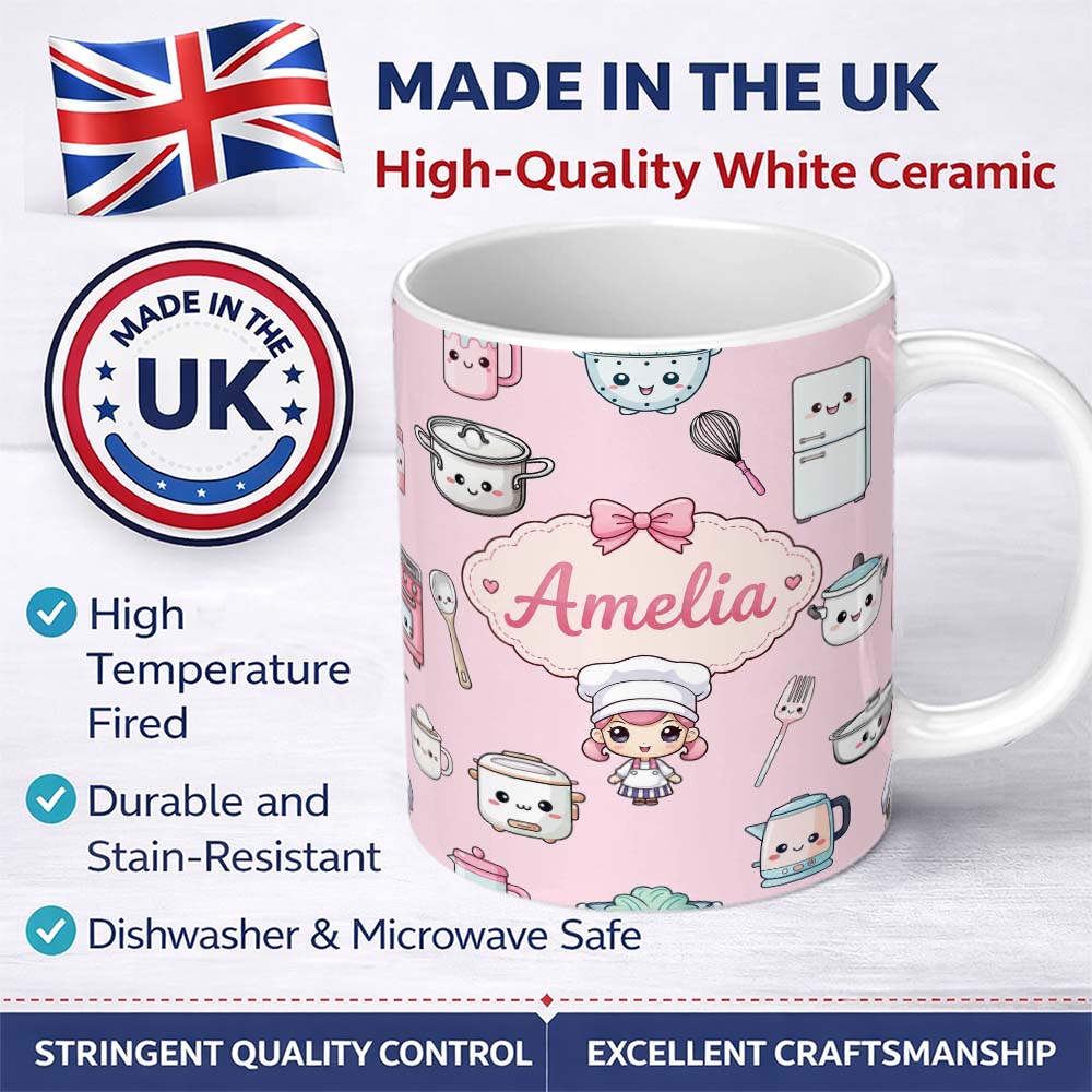 Personalized Custom Name Cute Kawaii Chef Girl Pink Kitchen Utensils Seamless Pattern Name 11oz Ceramic Coffee Tea Mug White Large Handle