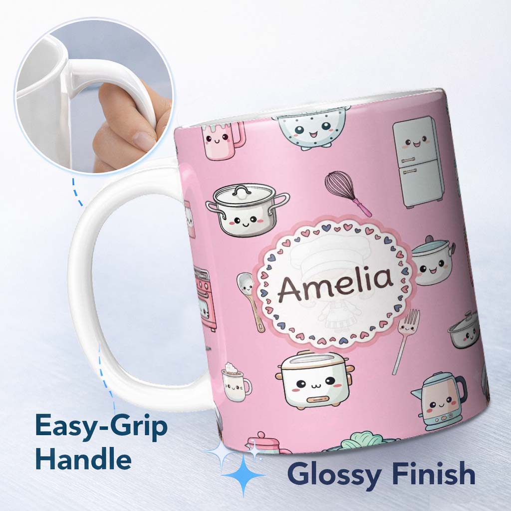 Personalized Custom Name Cute Kawaii Chef Girl Soft Pink Kitchen Utensils Seamless Pattern 11oz Ceramic Coffee Tea Mug White Large Handle
