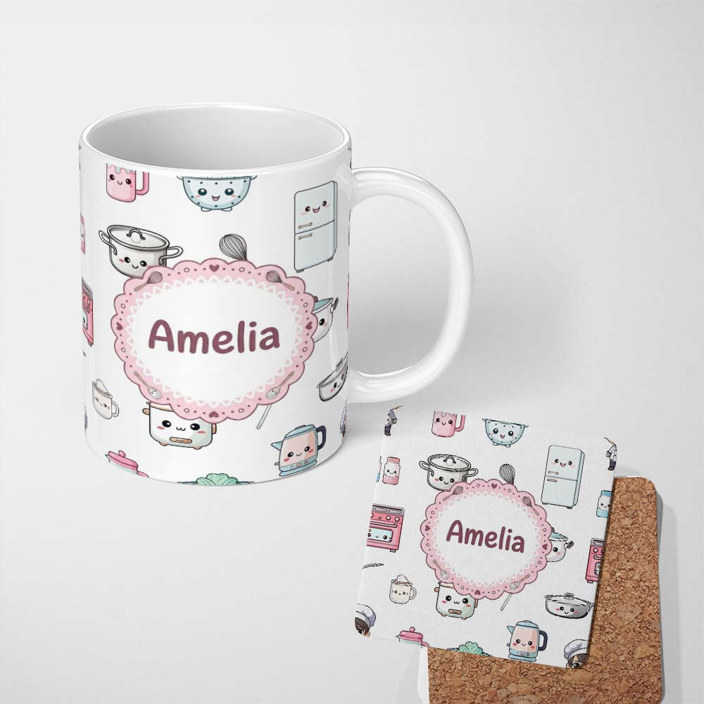 Personalized Custom Name Cute Kawaii Chef Girl Kitchen Utensils Grey Background Seamless 11oz Ceramic Coffee Tea Mug White Large Handle