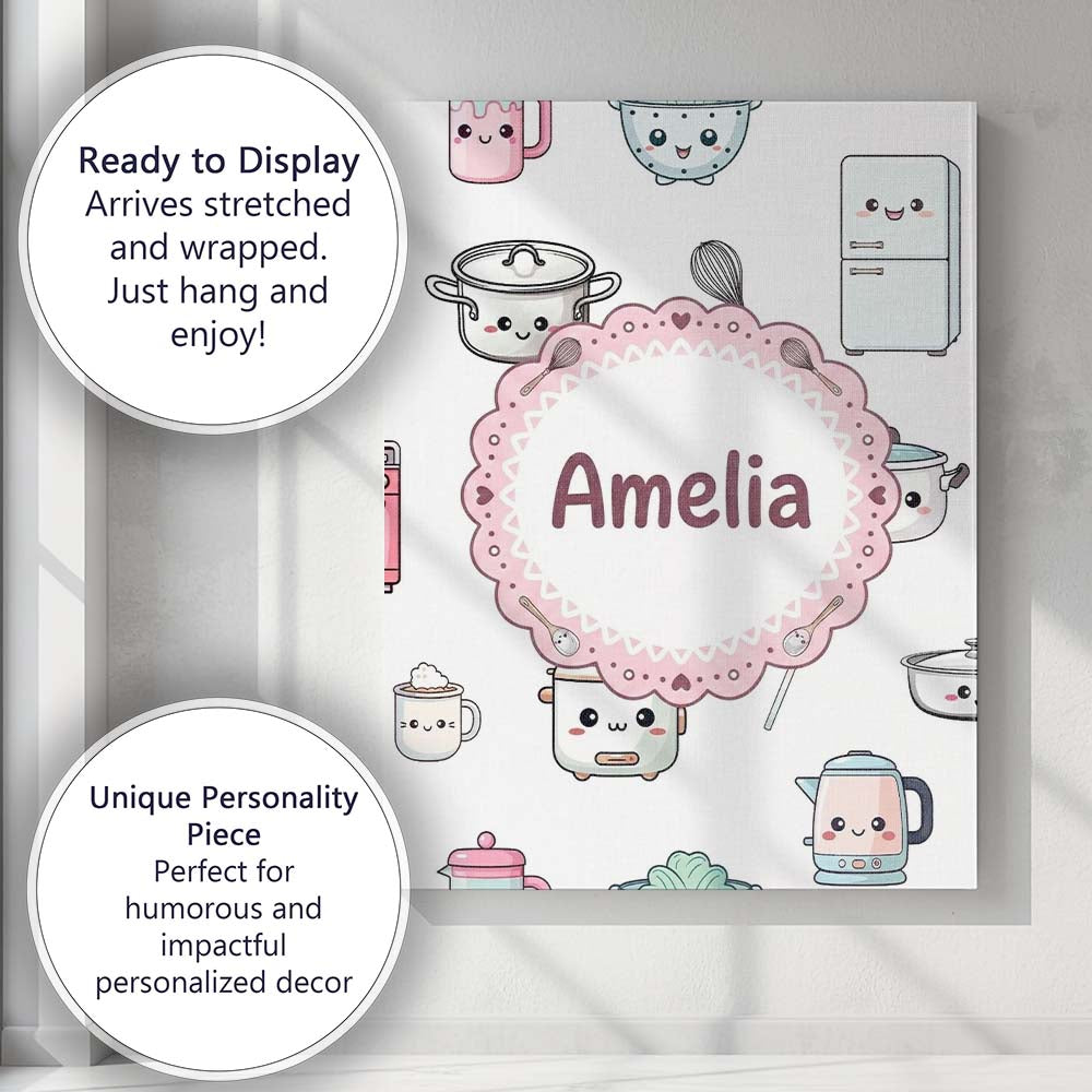 Personalised Name Cute Kawaii Chef Girl Custom Modern Room Accent Elegant Feature Canvas Wall Art Print Decor Picture Ready to Hang