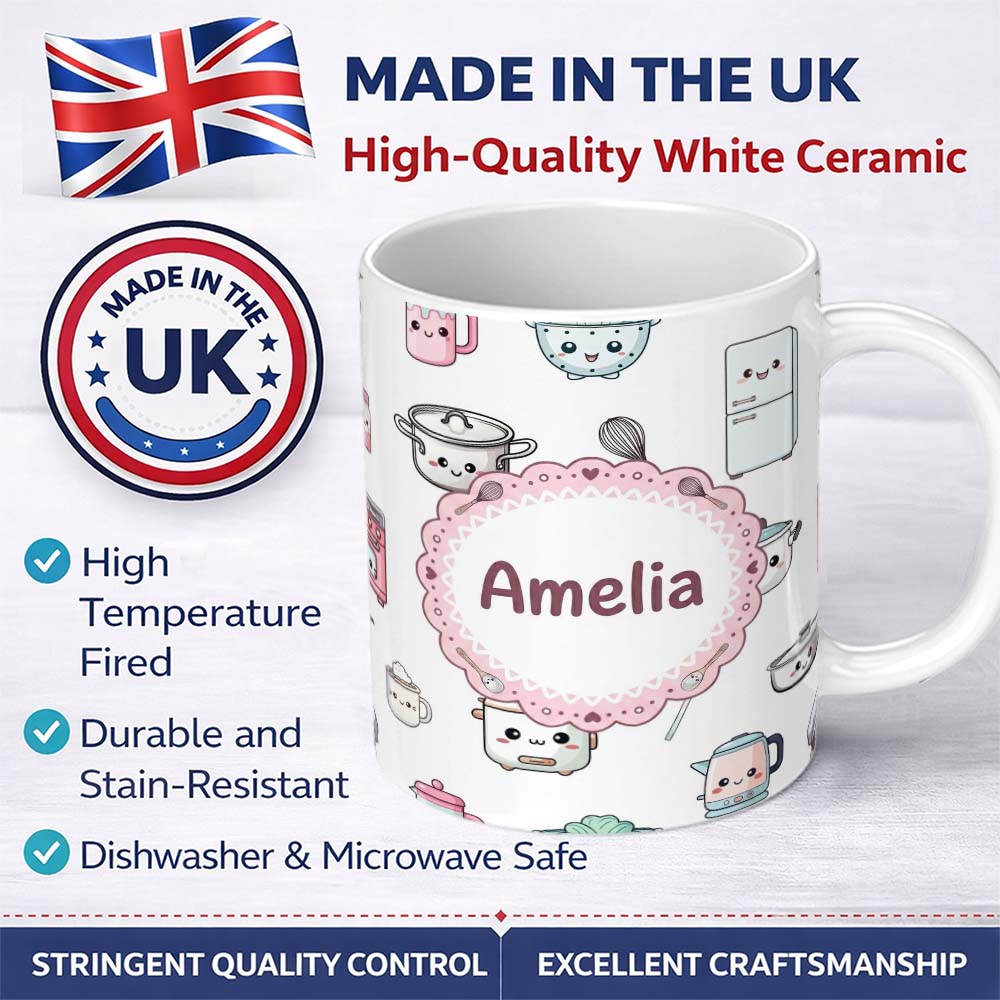 Personalized Custom Name Cute Kawaii Chef Girl Kitchen Utensils Grey Background Seamless 11oz Ceramic Coffee Tea Mug White Large Handle