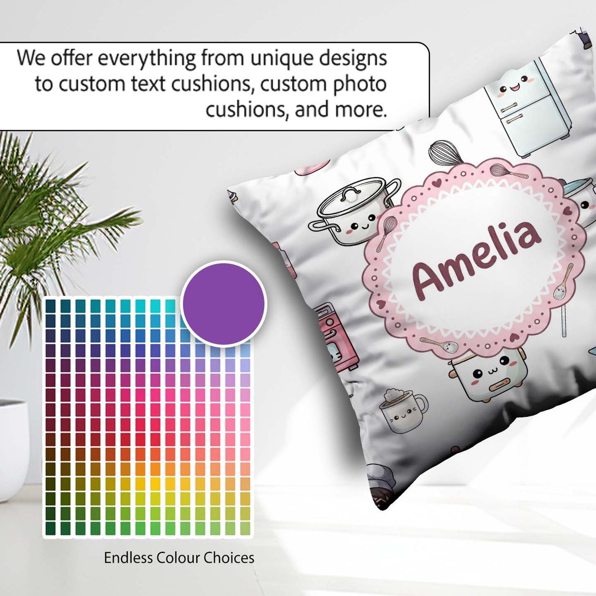 Custom Name Kawaii Chef Girl Utensils Grey Background Seamless Square Filled Cushion Throw Pillow Sofa Bed Home Decor Zip Washable UK Made