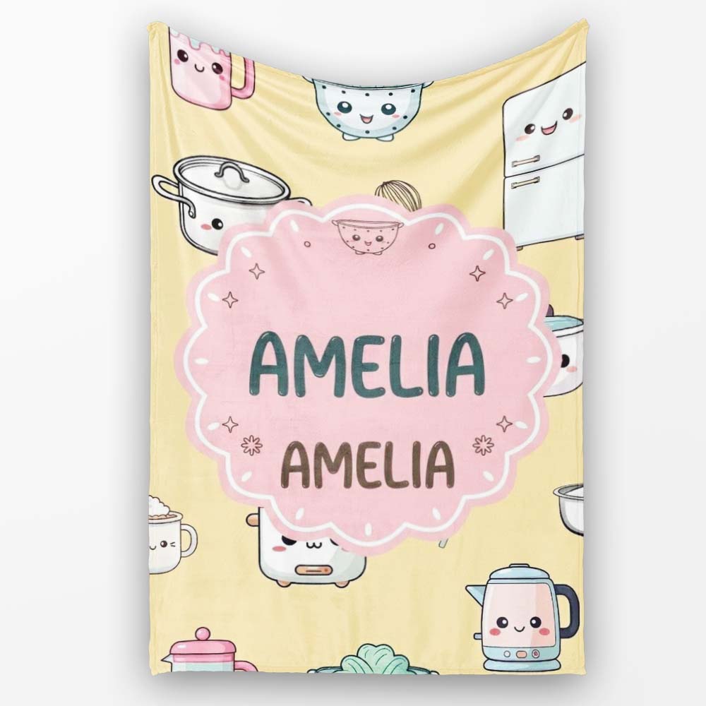 Cute Kawaii Chef Girl Utensils Yellow Background Seamless Personalised Custom Name Super Soft Fleece Blanket Bed Sofa Throw