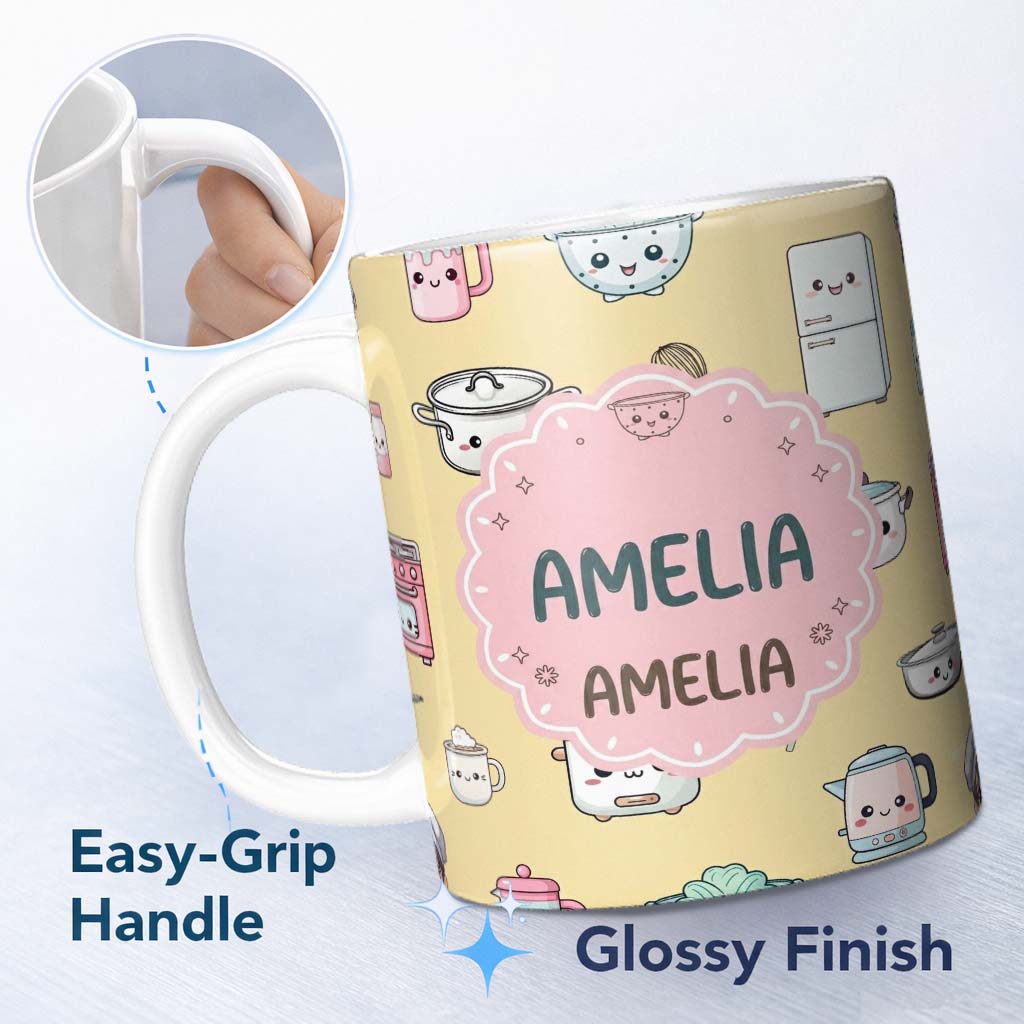 Personalized Custom Name Cute Kawaii Chef Girl Kitchen Utensils Yellow Background Seamless 11oz Ceramic Coffee Tea Mug White Large Handle