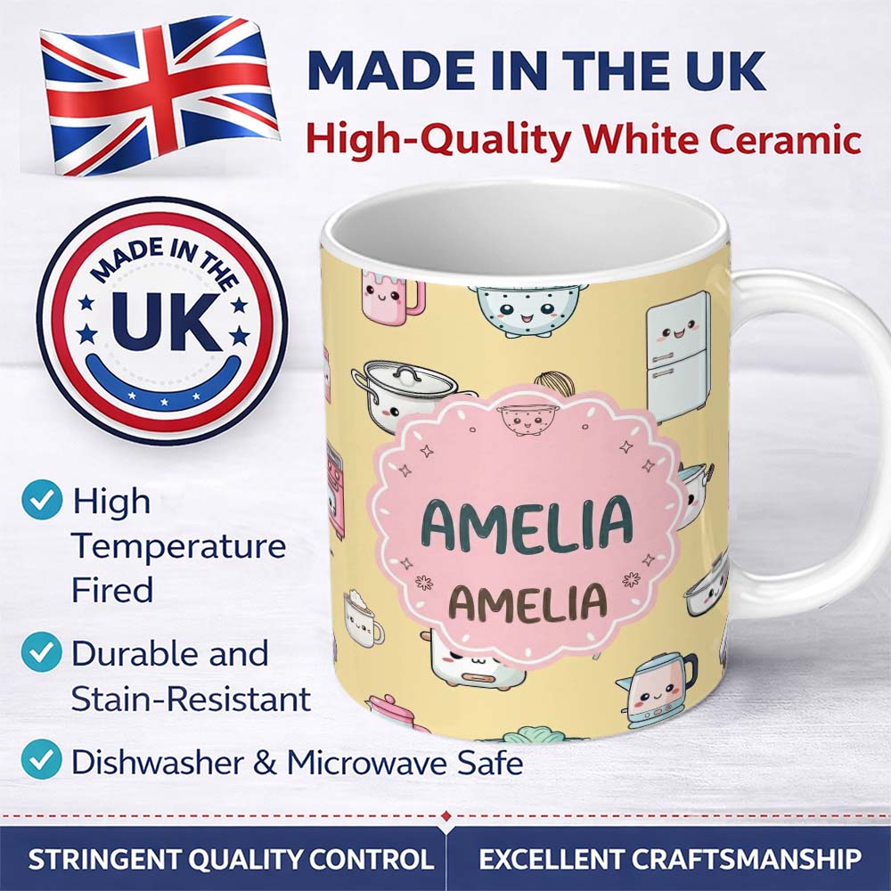 Personalized Custom Name Cute Kawaii Chef Girl Kitchen Utensils Yellow Background Seamless 11oz Ceramic Coffee Tea Mug White Large Handle