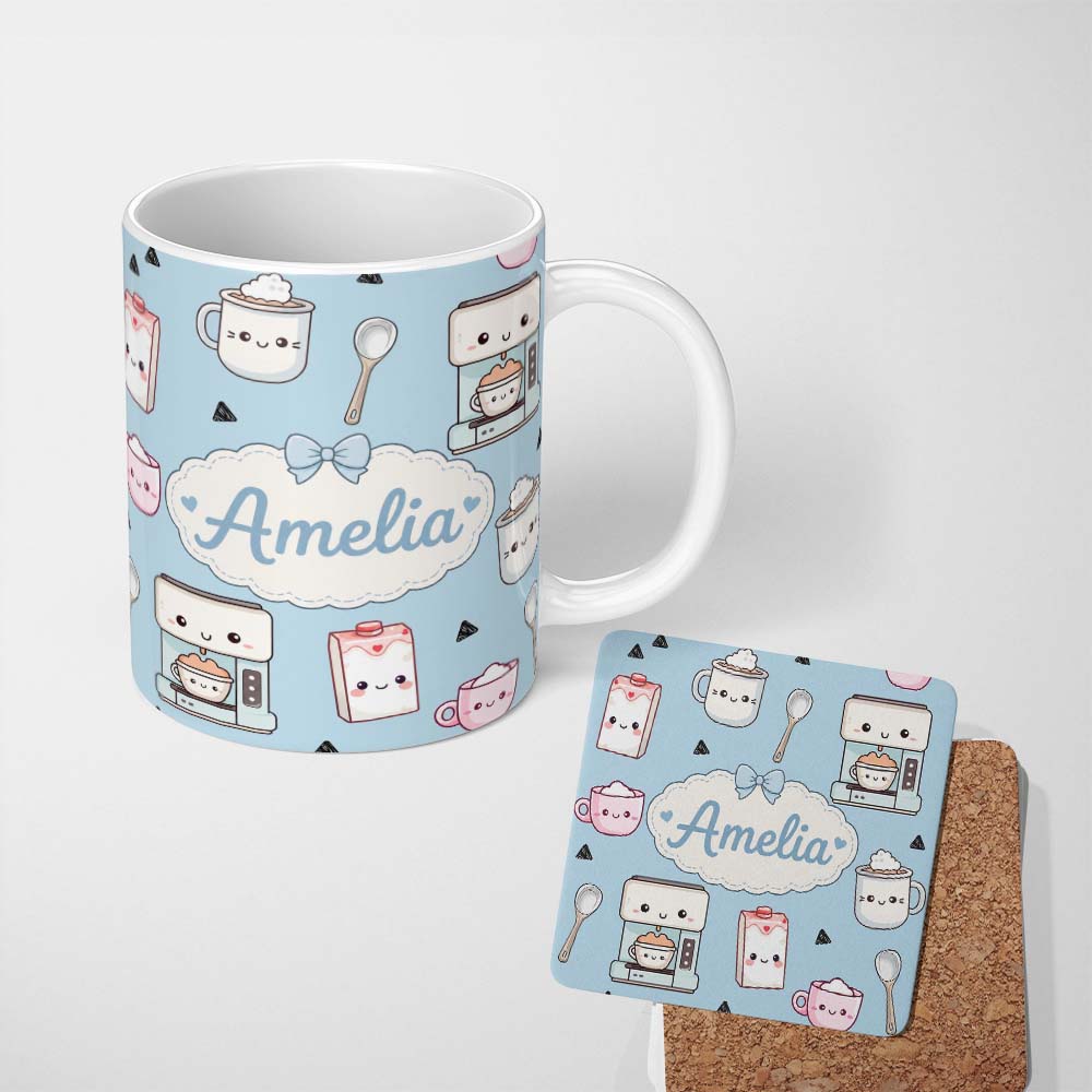 Personalized Custom Name Cute Kawaii Coffee Maker Cups Milk Carton Seamless Pattern Name 11oz Ceramic Coffee Tea Mug White Large Handle