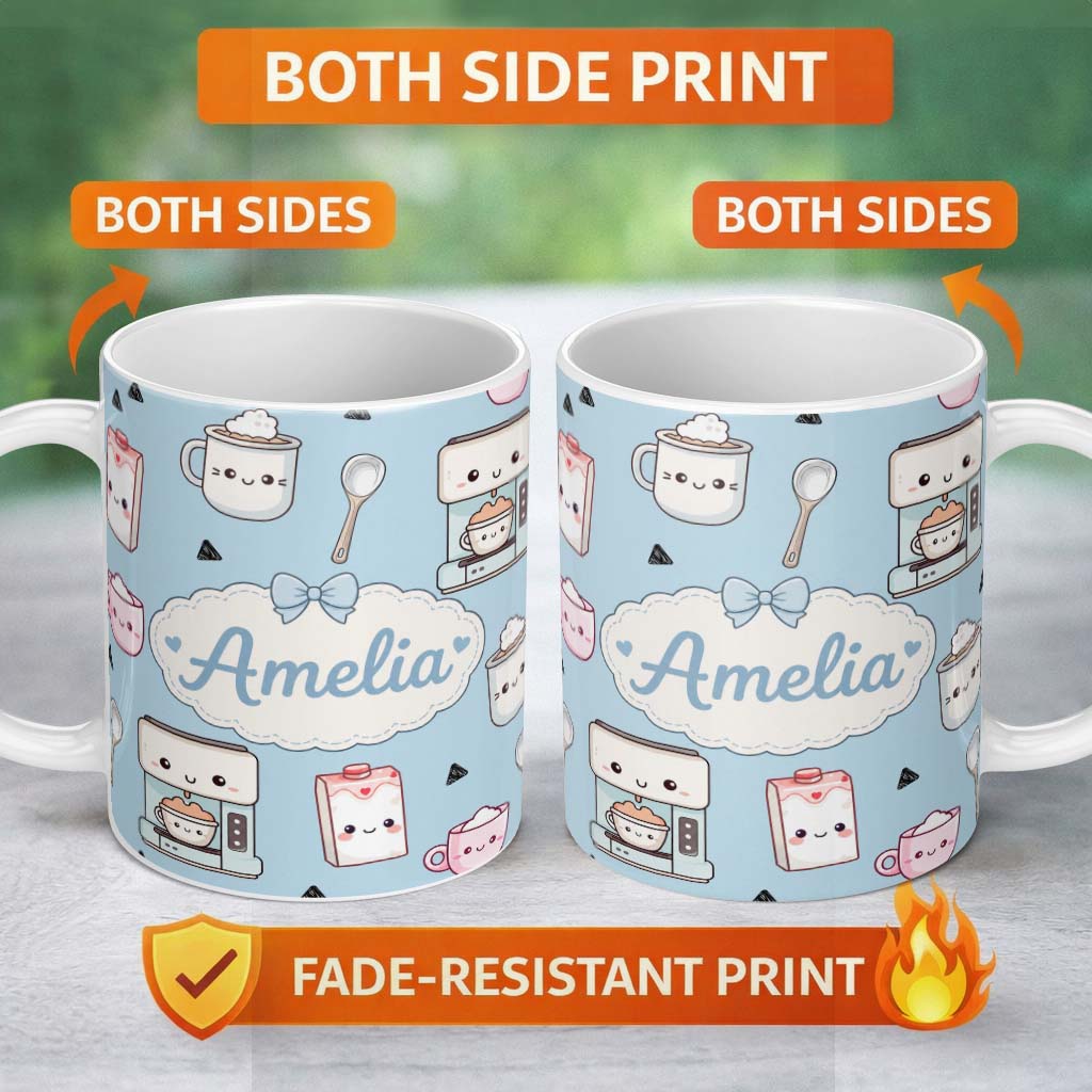 Personalized Custom Name Cute Kawaii Coffee Maker Cups Milk Carton Seamless Pattern Name 11oz Ceramic Coffee Tea Mug White Large Handle