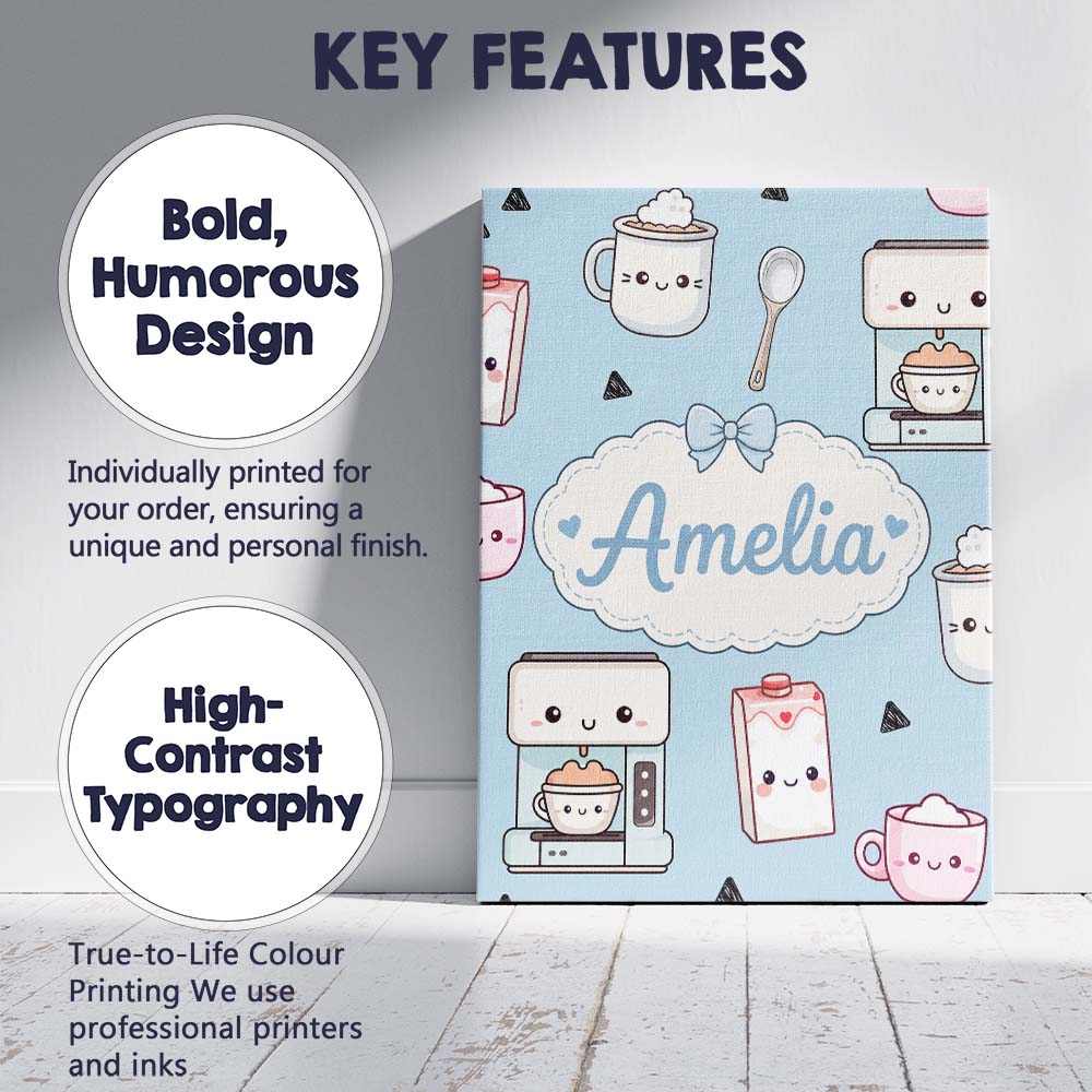Personalised Name Cute Kawaii Coffee Maker Custom Unique Gift Idea Elegant Feature Canvas Wall Art Print Decor Picture Ready to Hang