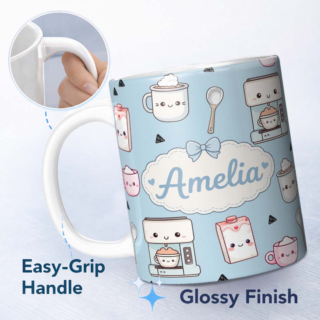 Personalized Custom Name Cute Kawaii Coffee Maker Cups Milk Carton Seamless Pattern Name 11oz Ceramic Coffee Tea Mug White Large Handle