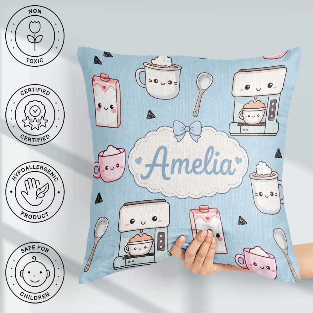 Custom Name Kawaii Maker Cups Milk Carton Seamless Pattern Name Square Filled Cushion Throw Pillow Sofa Bed Home Decor Zip Washable UK Made