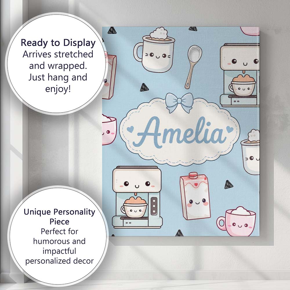 Personalised Name Cute Kawaii Coffee Maker Custom Unique Gift Idea Elegant Feature Canvas Wall Art Print Decor Picture Ready to Hang
