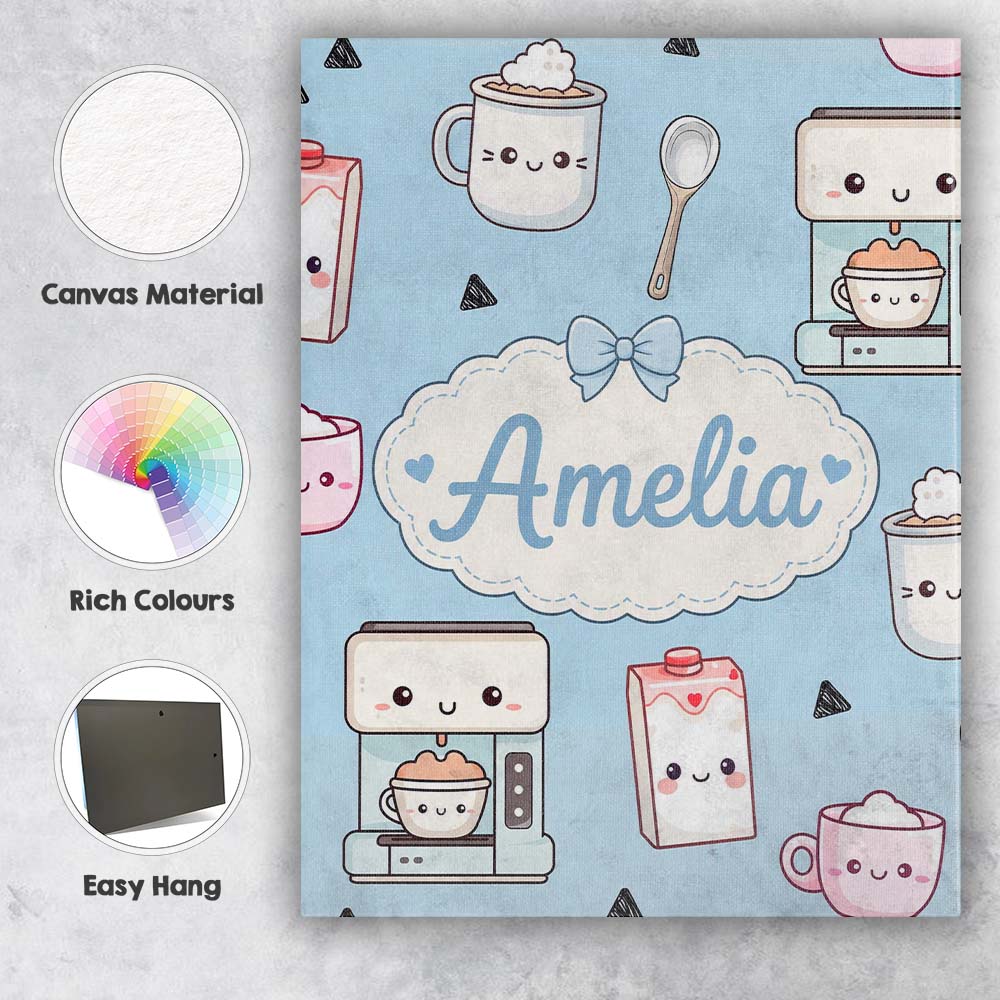 Personalised Name Cute Kawaii Coffee Maker Custom Unique Gift Idea Elegant Feature Canvas Wall Art Print Decor Picture Ready to Hang