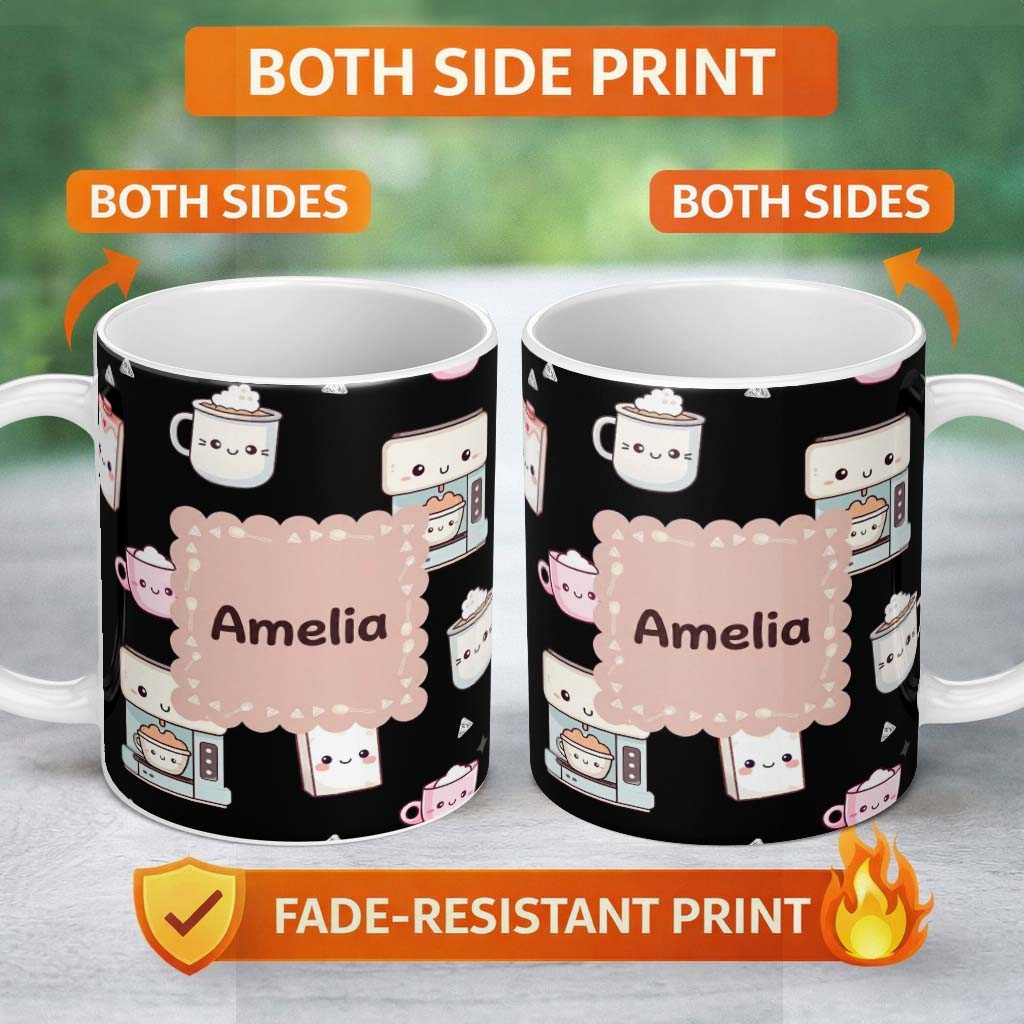 Personalized Custom Name Cute Kawaii Coffee Maker Cups Milk Black Background Seamless 11oz Ceramic Coffee Tea Mug White Large Handle