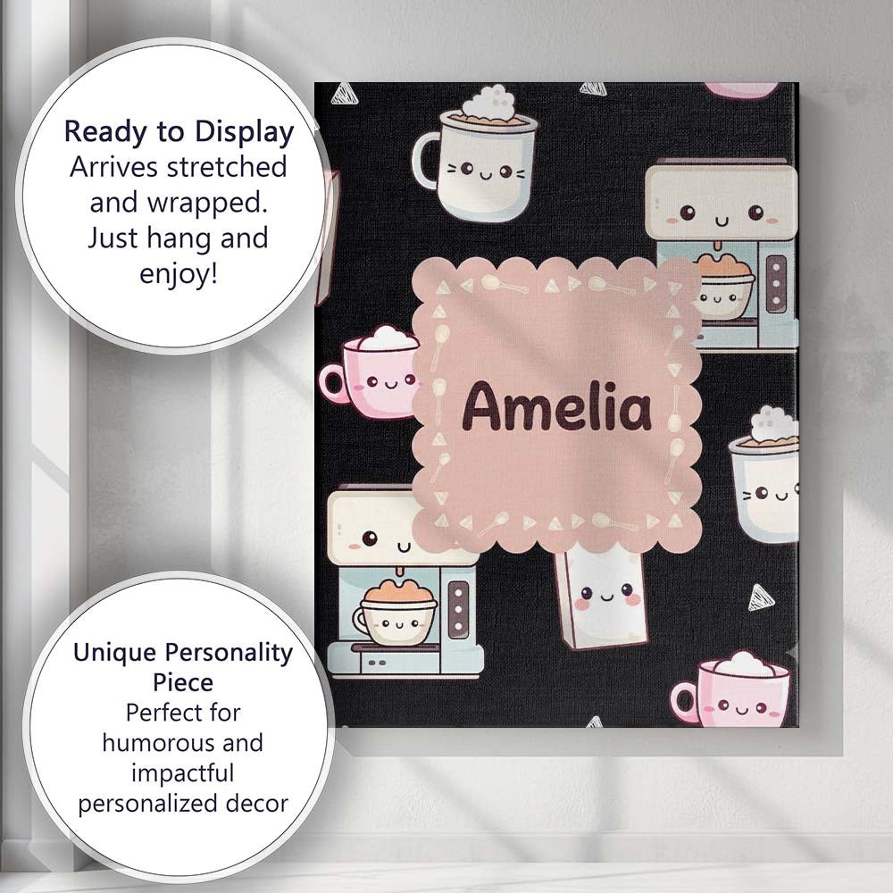 Personalised Name Cute Kawaii Coffee Maker Custom Unique Gift Idea Elegant Feature Canvas Wall Art Print Decor Picture Ready to Hang