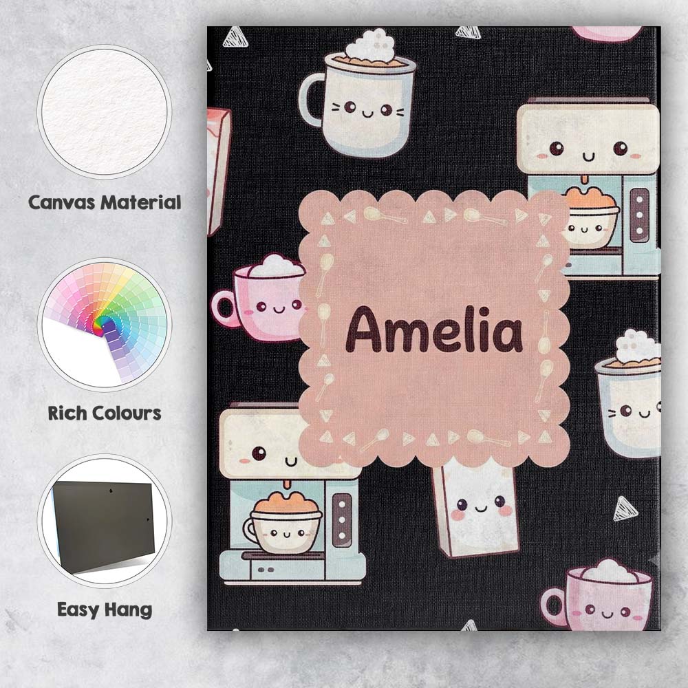 Personalised Name Cute Kawaii Coffee Maker Custom Unique Gift Idea Elegant Feature Canvas Wall Art Print Decor Picture Ready to Hang