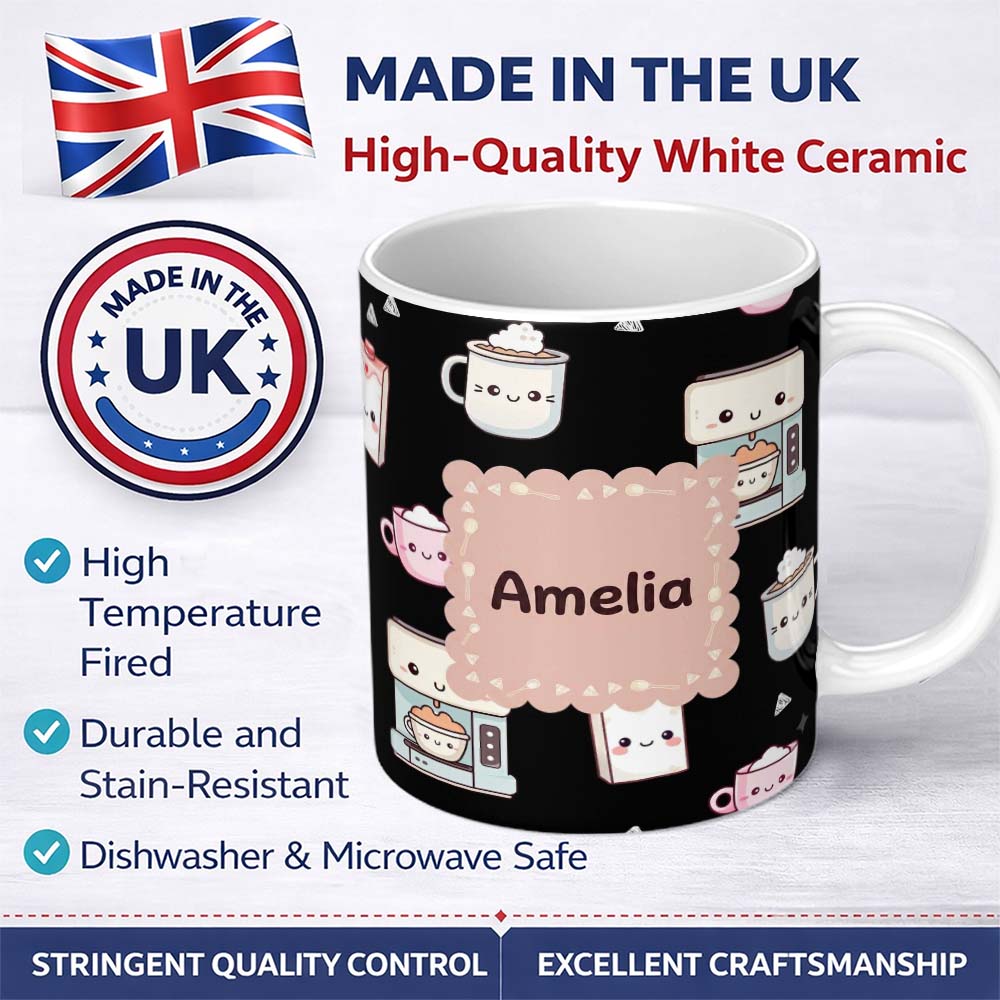 Personalized Custom Name Cute Kawaii Coffee Maker Cups Milk Black Background Seamless 11oz Ceramic Coffee Tea Mug White Large Handle