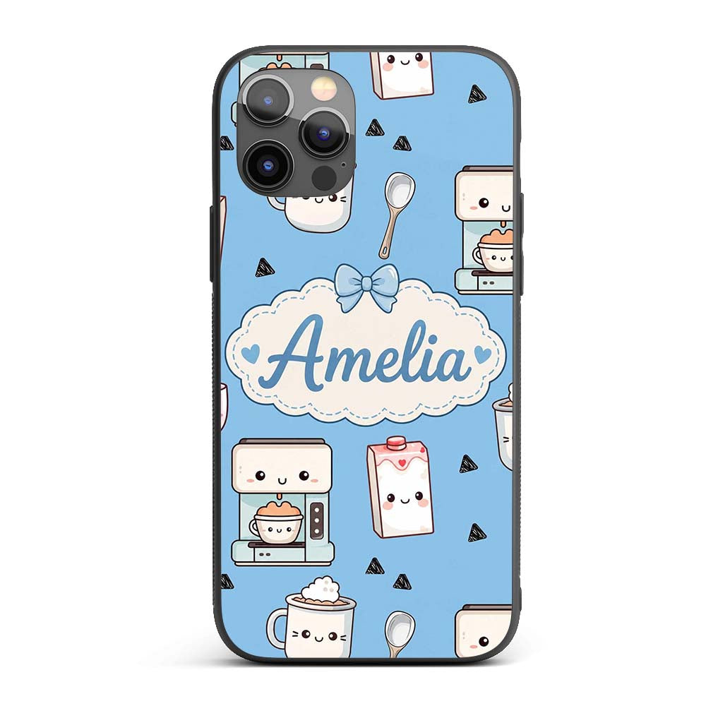 Cute Kawaii Coffee Maker Cups Milk Printed Design Custom Name Protective Phone Case Mobile Cover Durable Everyday Smartphone Shock Resistant