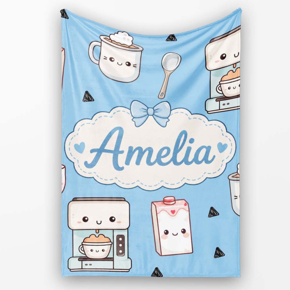 Cute Kawaii Coffee Maker Cups Milk Blue Background Seamless Pattern Personalised Custom Name Super Soft Fleece Blanket Bed Sofa Throw