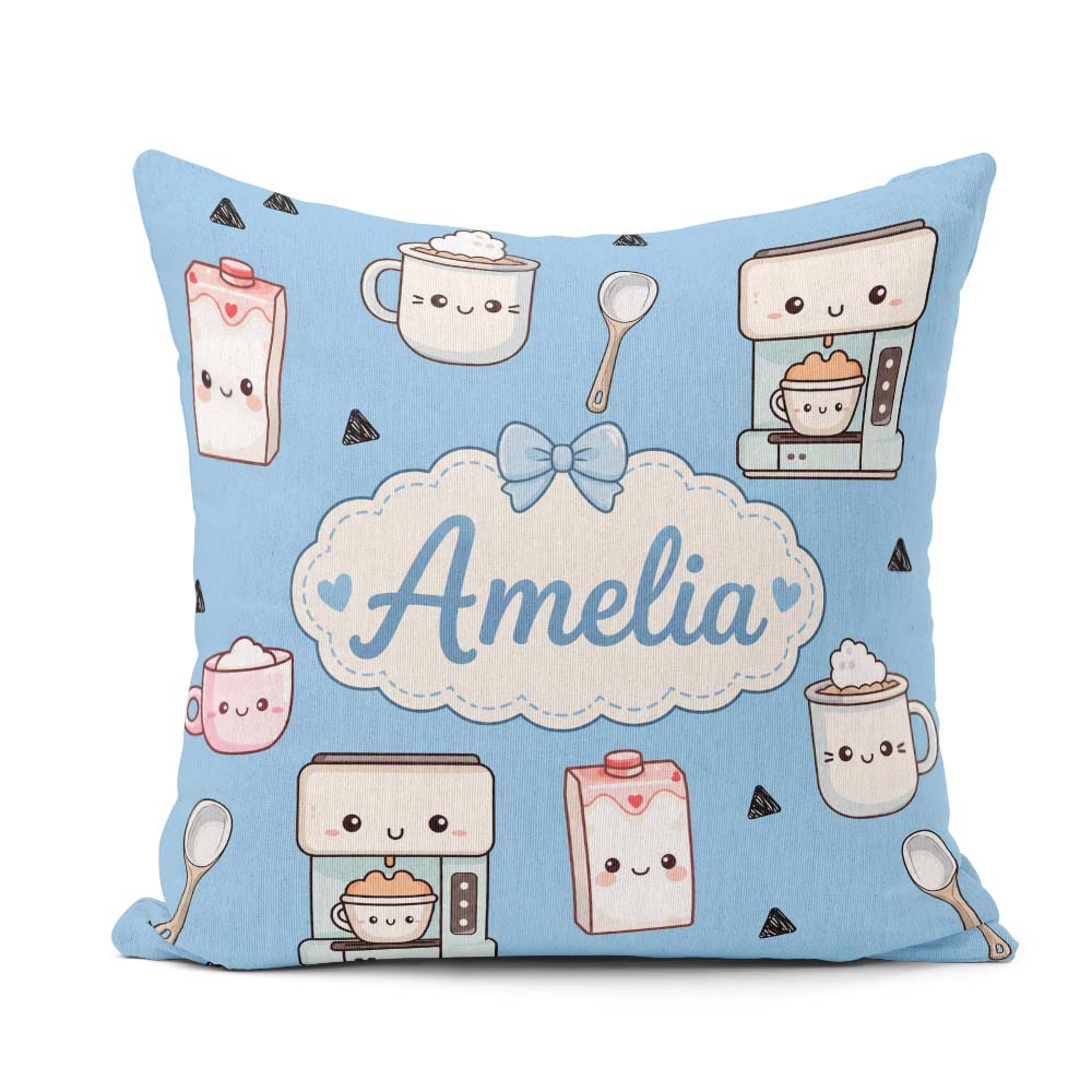 Custom Name Cute Kawaii Maker Cups Milk Blue Background Seamless Square Filled Cushion Throw Pillow Sofa Bed Home Decor Zip Washable UK Made