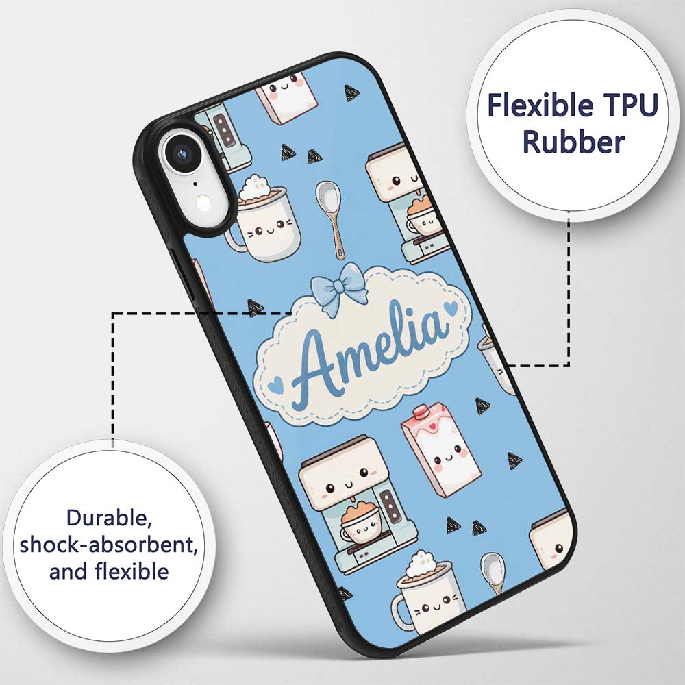 Cute Kawaii Coffee Maker Cups Milk Printed Design Custom Name Protective Phone Case Mobile Cover Durable Everyday Smartphone Shock Resistant