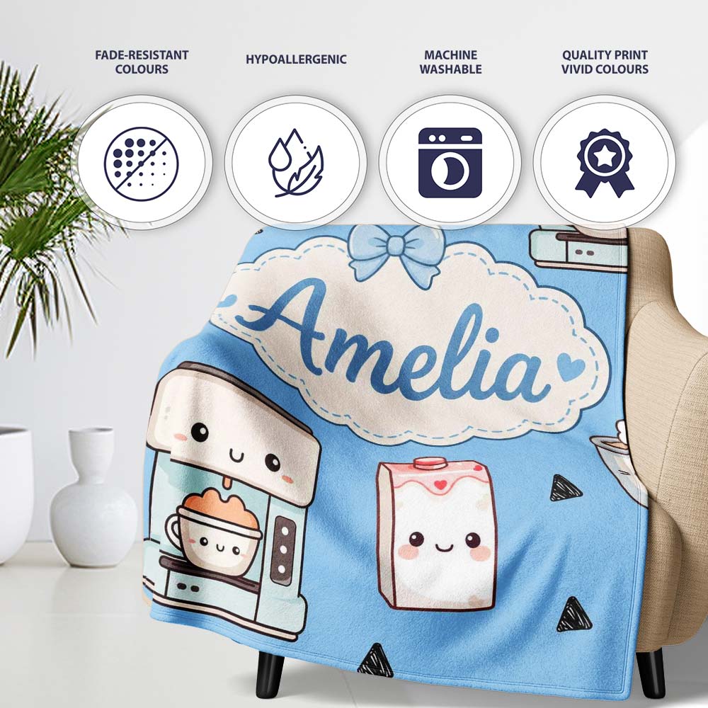 Cute Kawaii Coffee Maker Cups Milk Blue Background Seamless Pattern Personalised Custom Name Super Soft Fleece Blanket Bed Sofa Throw