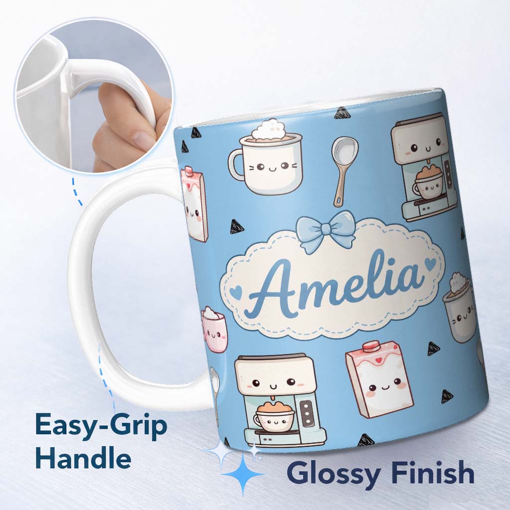 Personalized Custom Name Cute Kawaii Coffee Maker Cups Milk Blue Background Seamless Pattern 11oz Ceramic Coffee Tea Mug White Large Handle